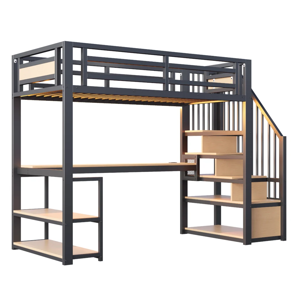 Letto nero in metallo 90*200 striscia LED presa a presa scala con ripostiglio mensole e tavolo da studio - Image 8