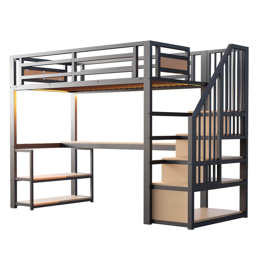 Letto nero in metallo 90*200 striscia LED presa a presa scala con ripostiglio mensole e tavolo da studio - Image 9