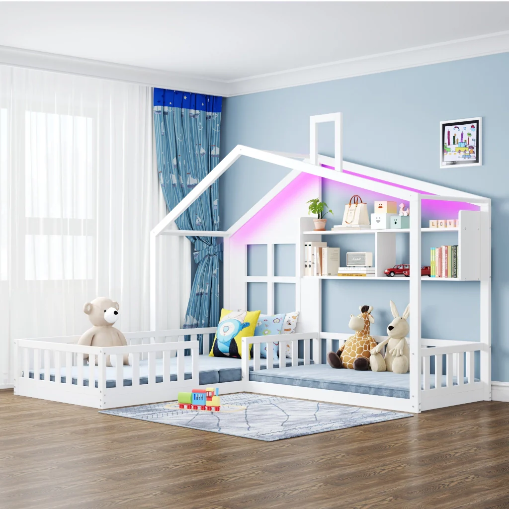 Letto per bambini 90x200 cm bianco mensole striscia LED legno massiccio griglia di sicurezza e base a listelli