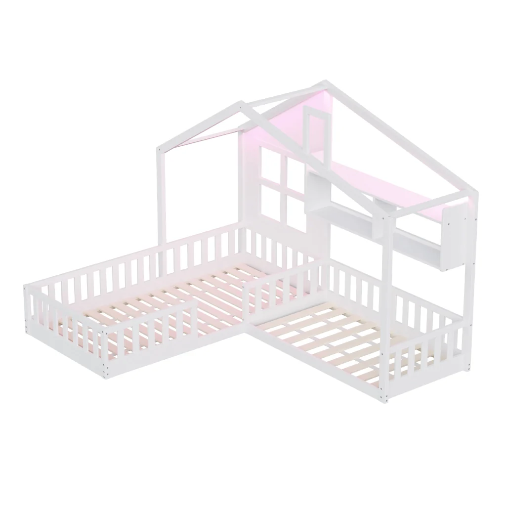 Letto per bambini 90x200 cm bianco mensole striscia LED legno massiccio griglia di sicurezza e base a listelli - Image 10