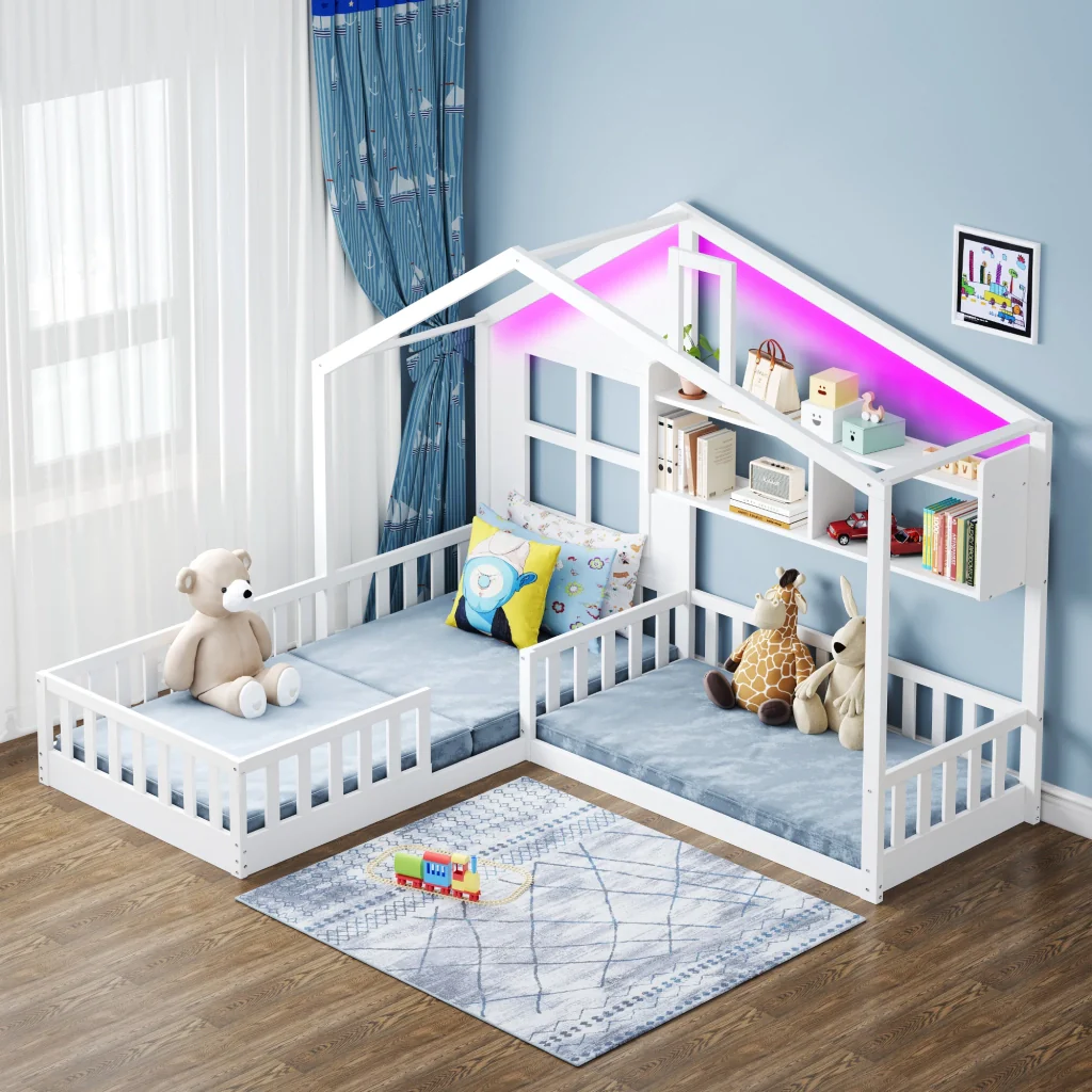 Letto per bambini 90x200 cm bianco mensole striscia LED legno massiccio griglia di sicurezza e base a listelli - Image 3