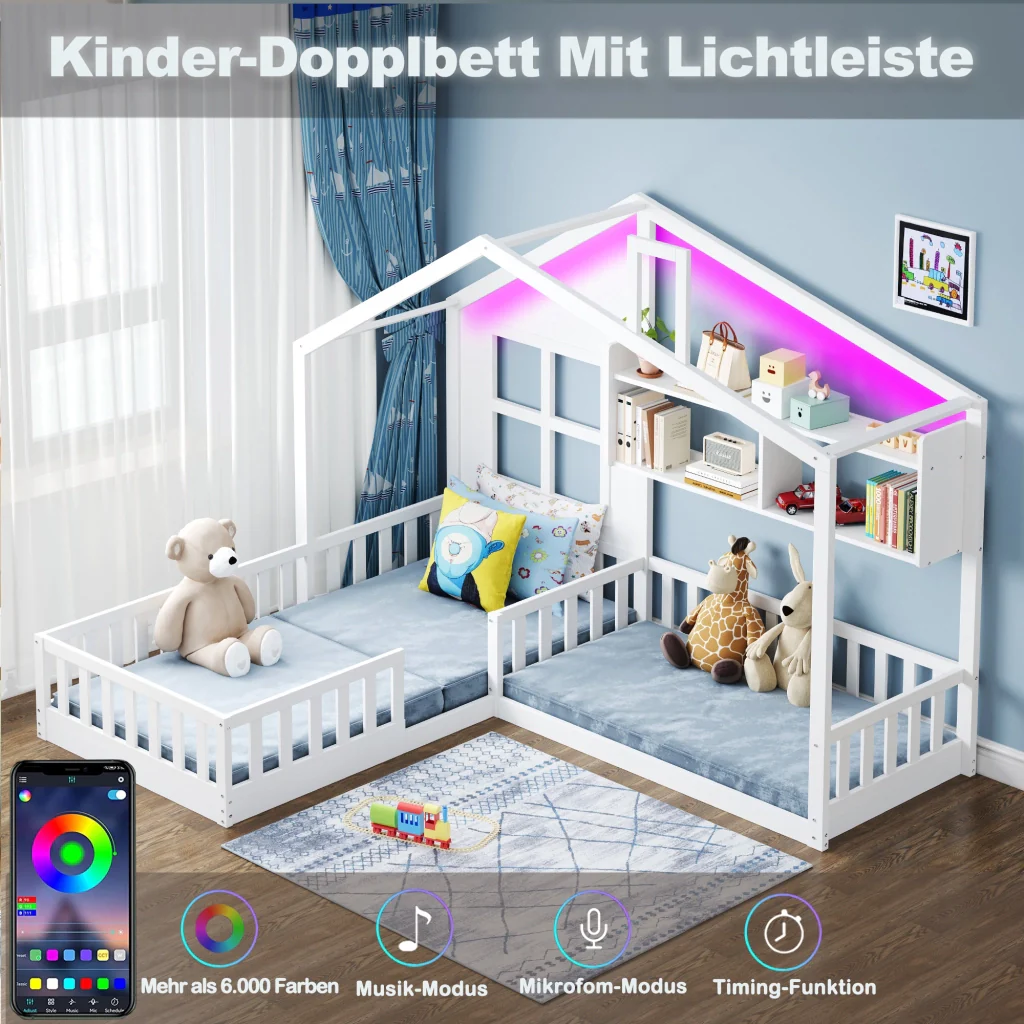 Letto per bambini 90x200 cm bianco mensole striscia LED legno massiccio griglia di sicurezza e base a listelli - Image 4