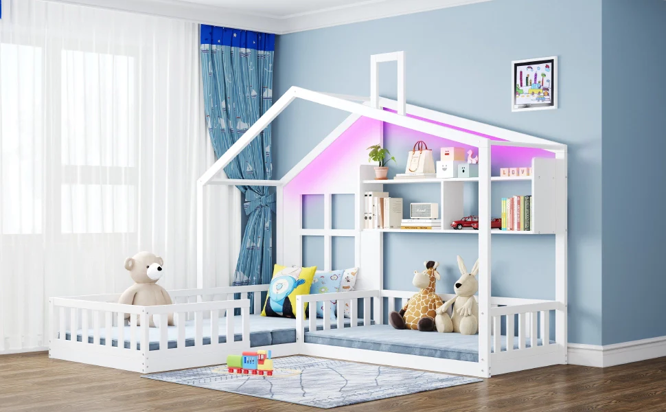 Letto per bambini 90x200 cm bianco mensole striscia LED legno massiccio griglia di sicurezza e base a listelli - Image 5