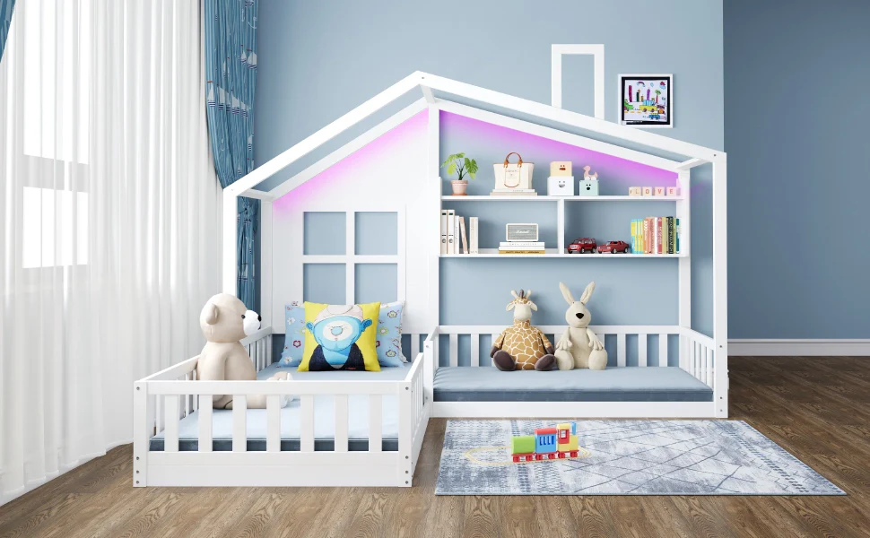 Letto per bambini 90x200 cm bianco mensole striscia LED legno massiccio griglia di sicurezza e base a listelli - Image 6