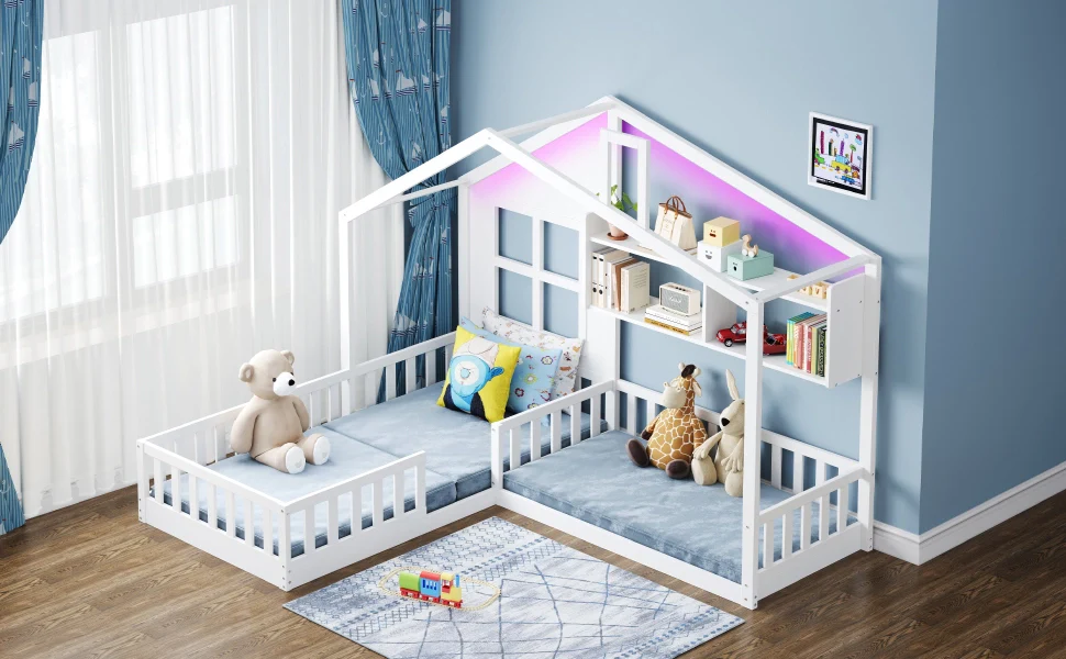 Letto per bambini 90x200 cm bianco mensole striscia LED legno massiccio griglia di sicurezza e base a listelli - Image 7