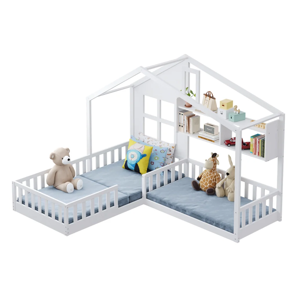 Letto per bambini 90x200 cm bianco mensole striscia LED legno massiccio griglia di sicurezza e base a listelli - Image 8