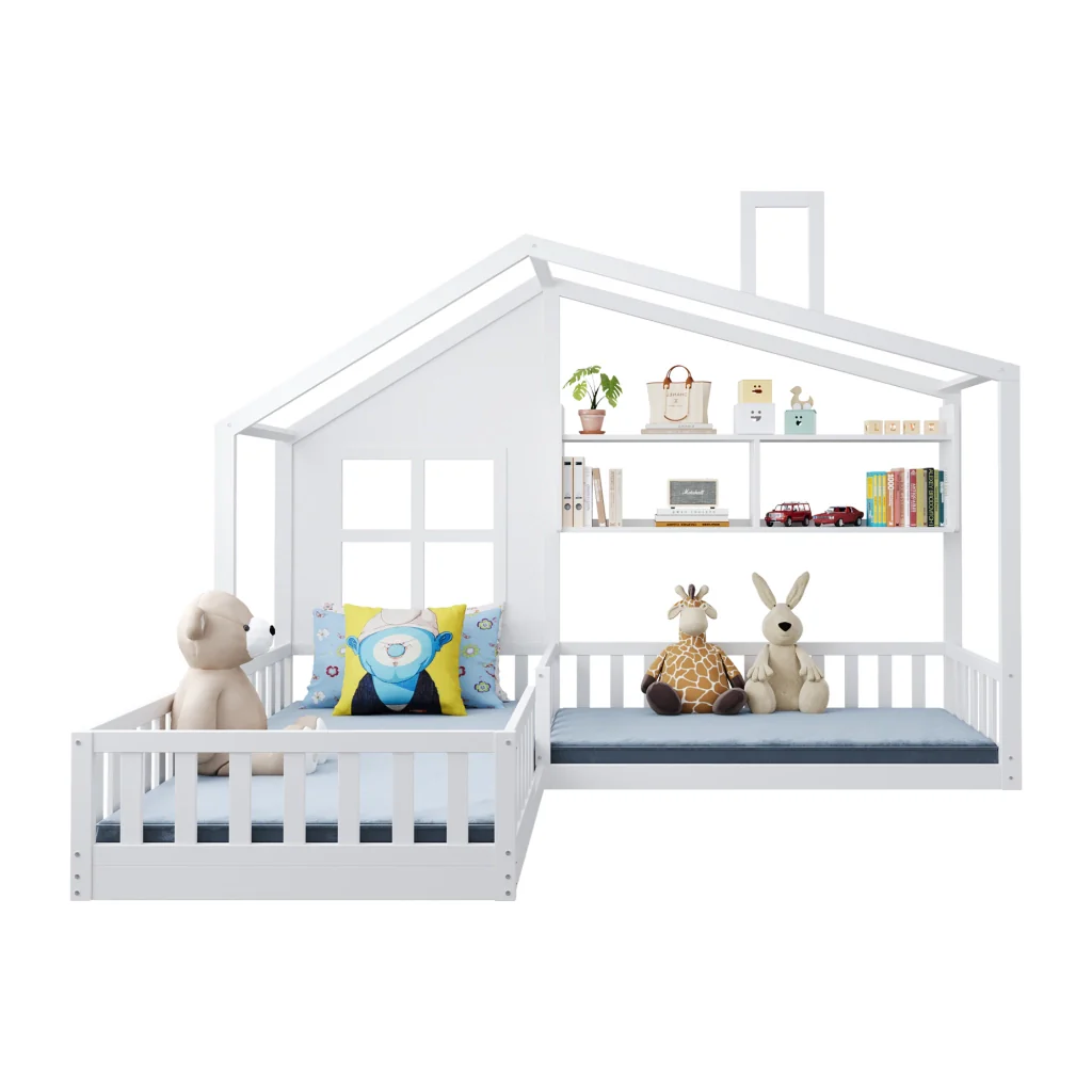 Letto per bambini 90x200 cm bianco mensole striscia LED legno massiccio griglia di sicurezza e base a listelli - Image 9