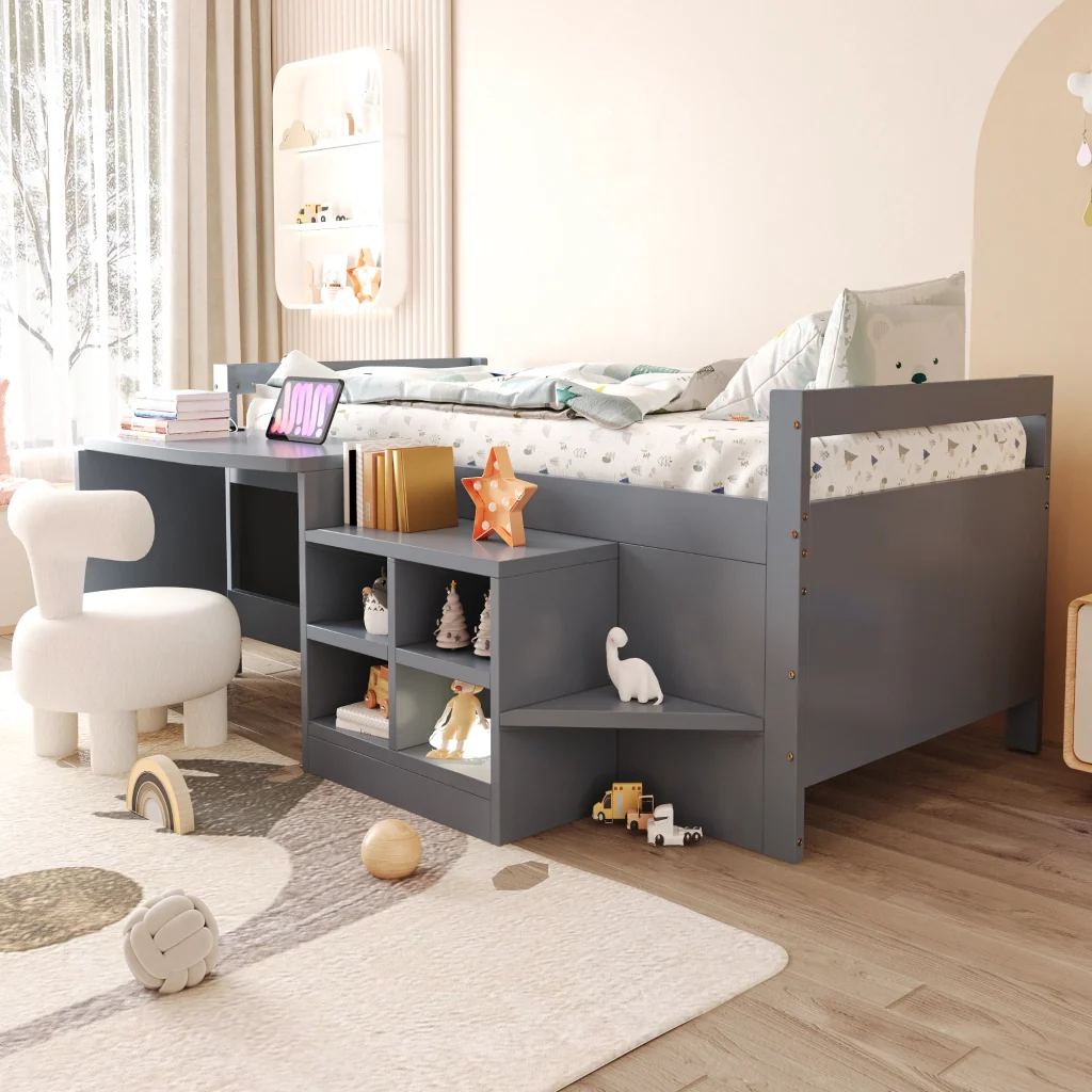 Letto per bambini grigio 90×200 cm legno scomparti di stoccaggio scrivania con prese europee letto singolo
