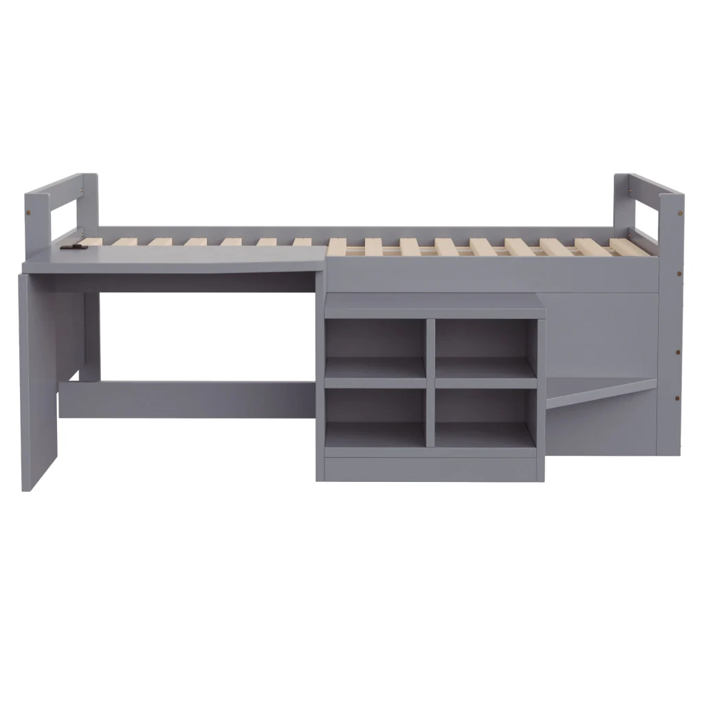 Letto per bambini grigio 90×200 cm legno scomparti di stoccaggio scrivania con prese europee letto singolo - Image 10