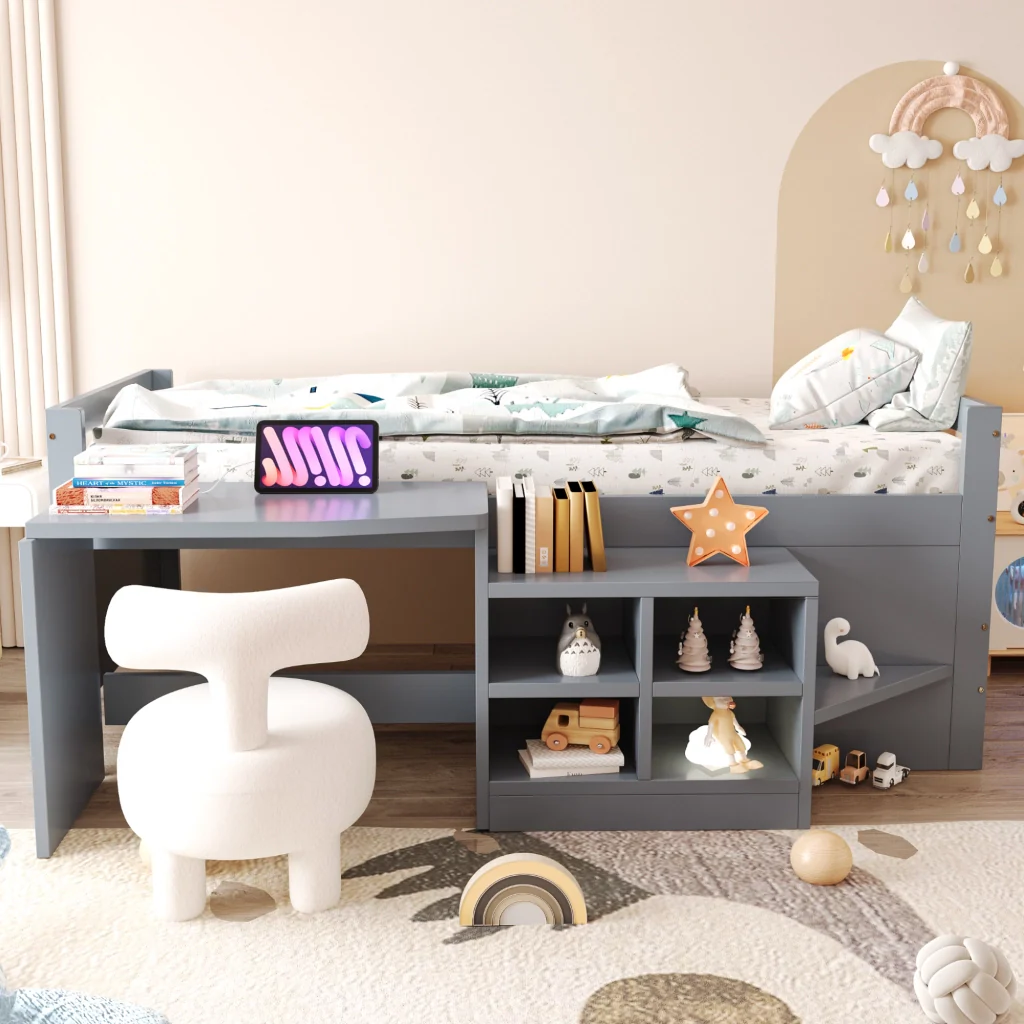 Letto per bambini grigio 90×200 cm legno scomparti di stoccaggio scrivania con prese europee letto singolo - Image 2