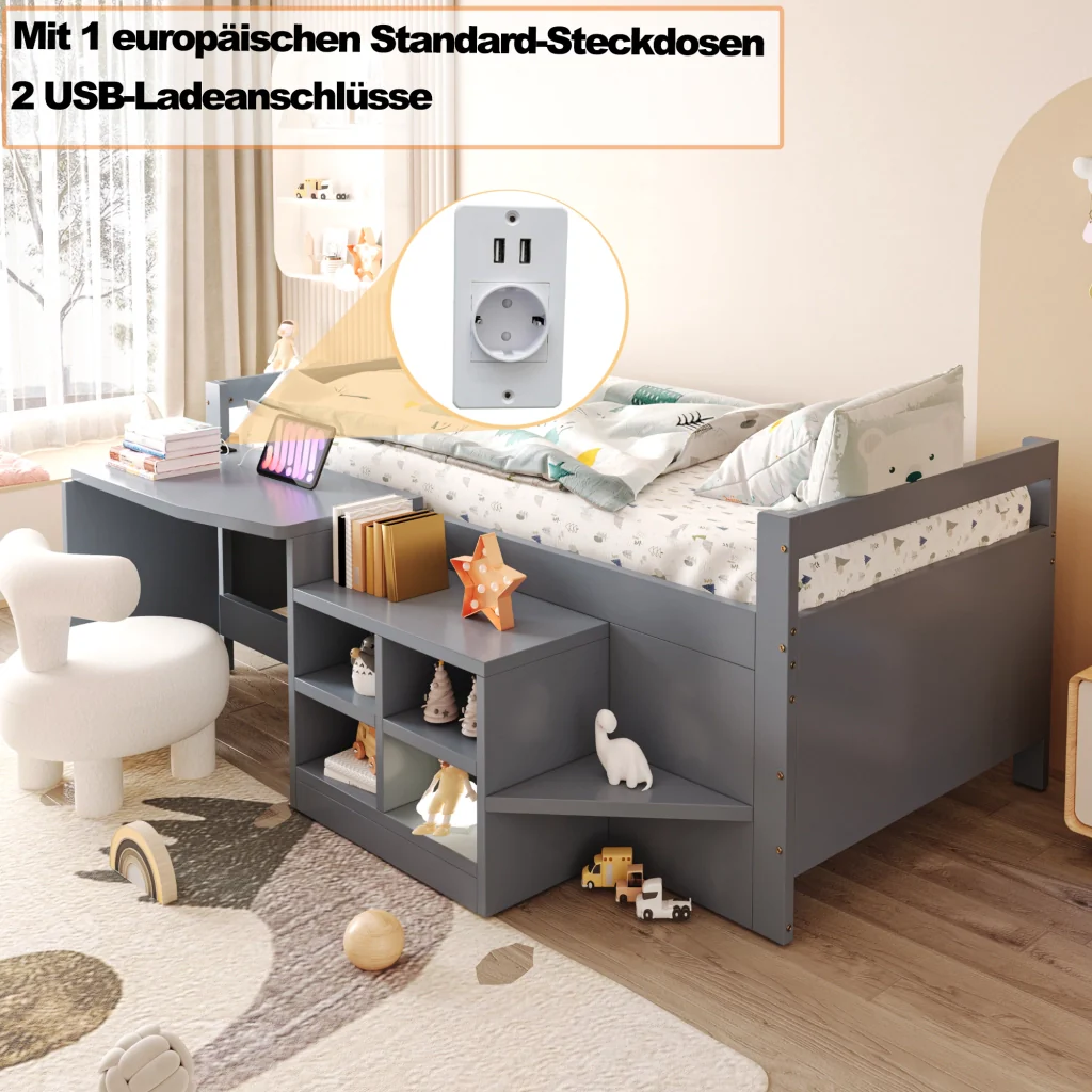 Letto per bambini grigio 90×200 cm legno scomparti di stoccaggio scrivania con prese europee letto singolo - Image 3