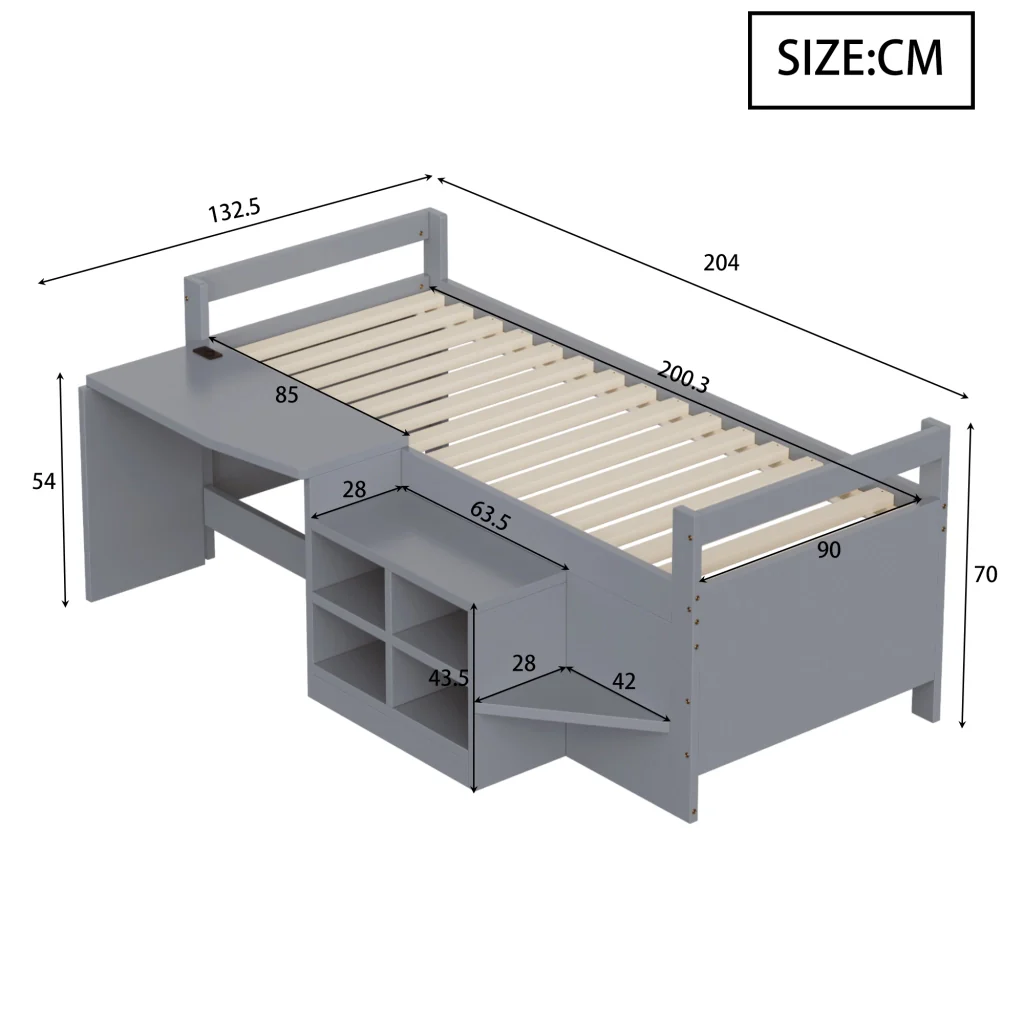 Letto per bambini grigio 90×200 cm legno scomparti di stoccaggio scrivania con prese europee letto singolo - Image 4