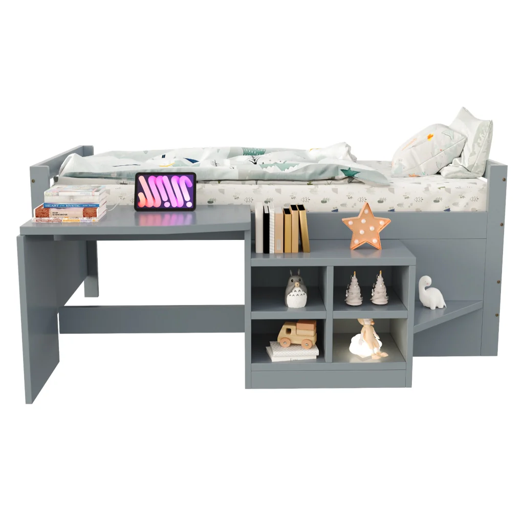 Letto per bambini grigio 90×200 cm legno scomparti di stoccaggio scrivania con prese europee letto singolo - Image 5