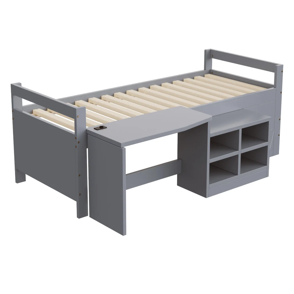 Letto per bambini grigio 90×200 cm legno scomparti di stoccaggio scrivania con prese europee letto singolo - Image 6