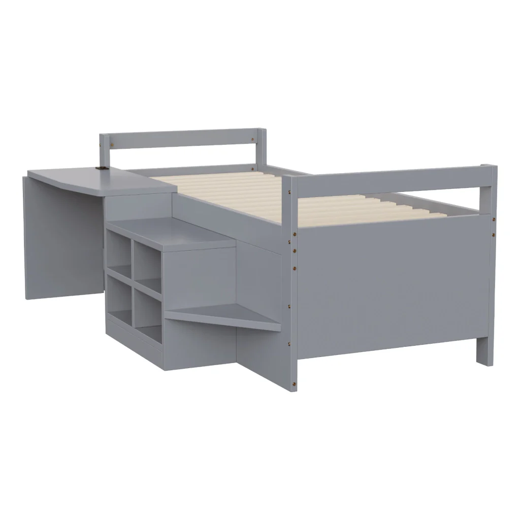 Letto per bambini grigio 90×200 cm legno scomparti di stoccaggio scrivania con prese europee letto singolo - Image 7