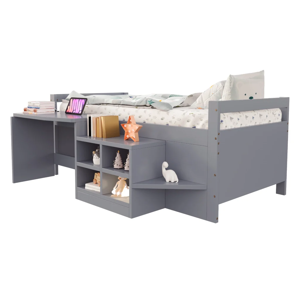 Letto per bambini grigio 90×200 cm legno scomparti di stoccaggio scrivania con prese europee letto singolo - Image 8