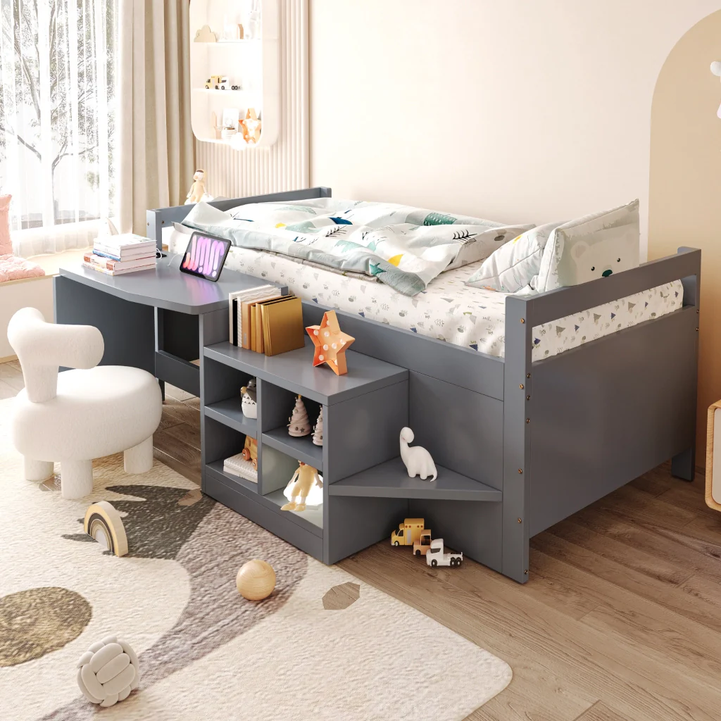 Letto per bambini grigio 90×200 cm legno scomparti di stoccaggio scrivania con prese europee letto singolo - Image 9