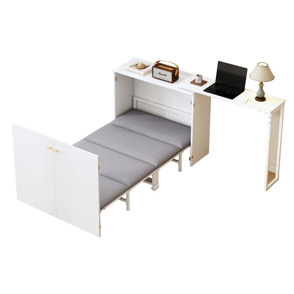 Letto pieghevole con scrivania materasso girevole e ruote risparmiante spazio ideale per camere da letto piccole ospiti e home office - Image 9