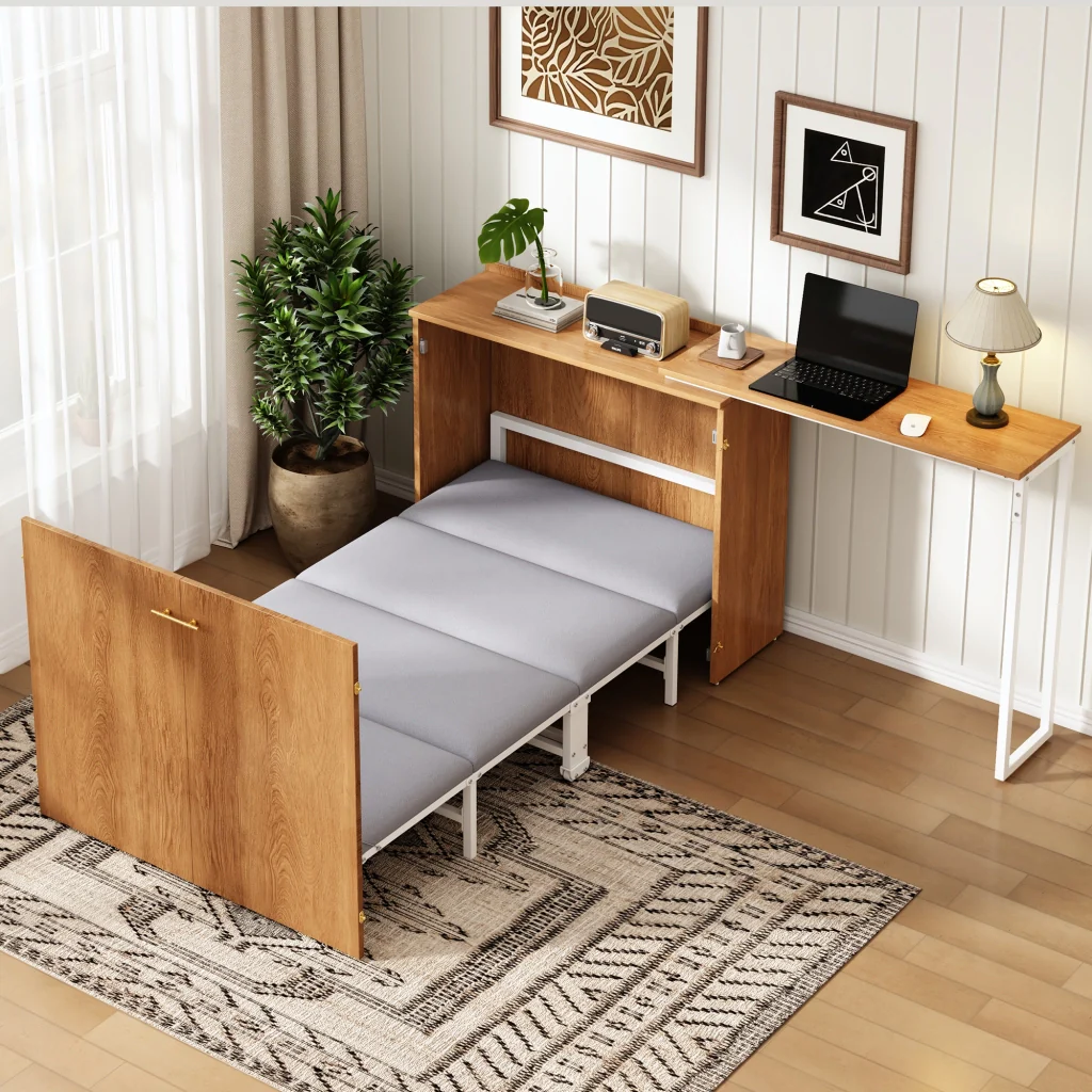 Letto pieghevole Murphy con scrivania e materasso girevole ruote risparmio spazio per camere da letto piccole e ufficio - Image 2