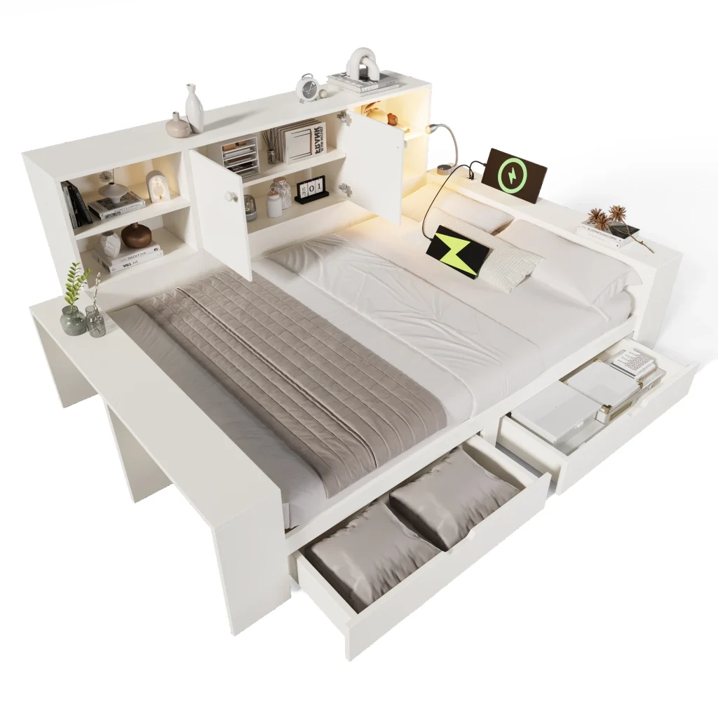 Letto riportabile 140x200 cm bianco con cassetti porte doppie e USB/USB-C letti in legno riservati a matrimonio e a giovani (senza materasso) - Image 7
