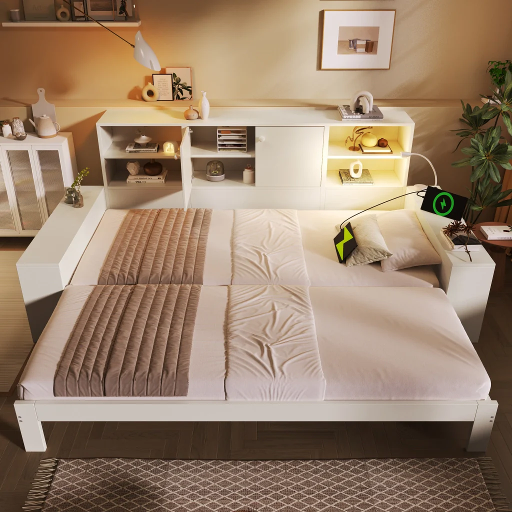 Letto riportabile 90x200 cm bianco con letto retrattile porte doppie e USB/USB-C letto in legno riservato sia per matrimoniali che per giovani (senza materasso)