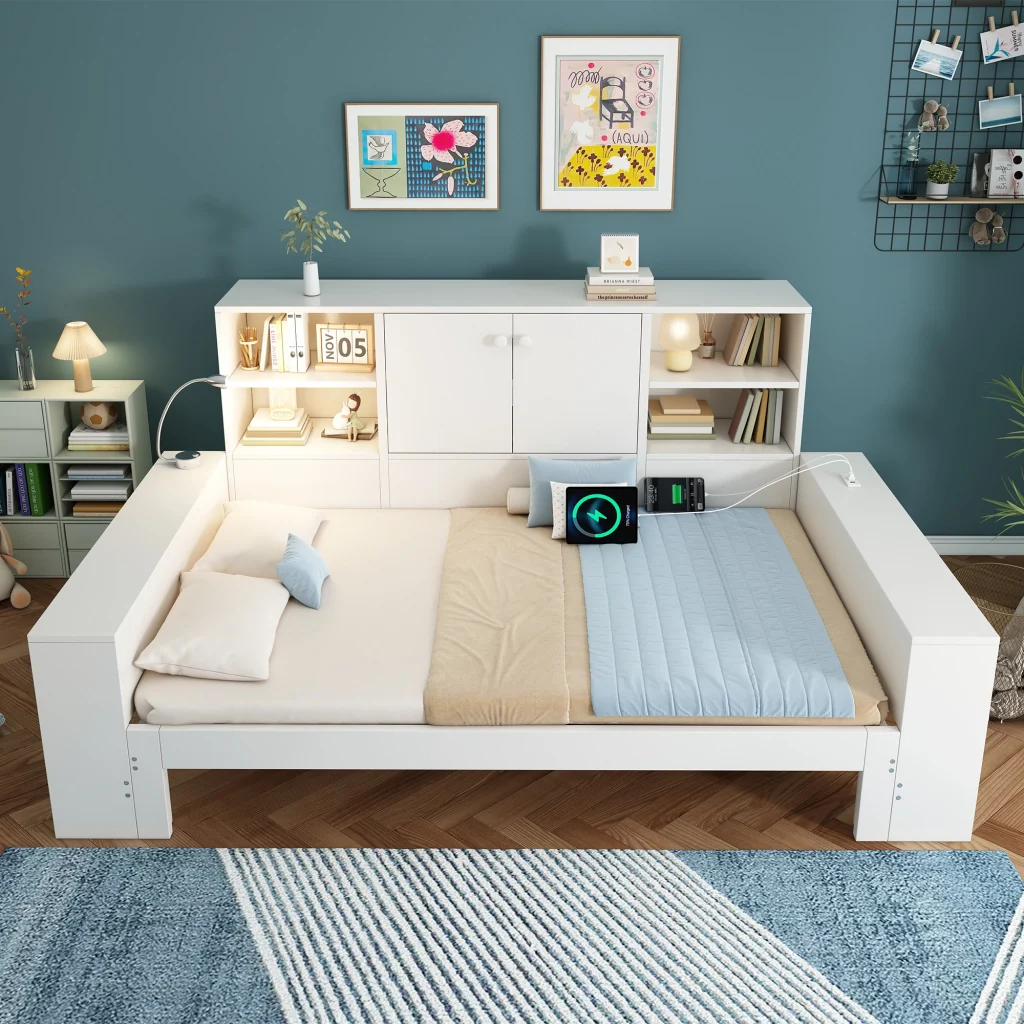 Letto riportabile 90x200 cm bianco con letto retrattile porte doppie e USB/USB-C letto in legno riservato sia per matrimoniali che per giovani (senza materasso) - Image 10