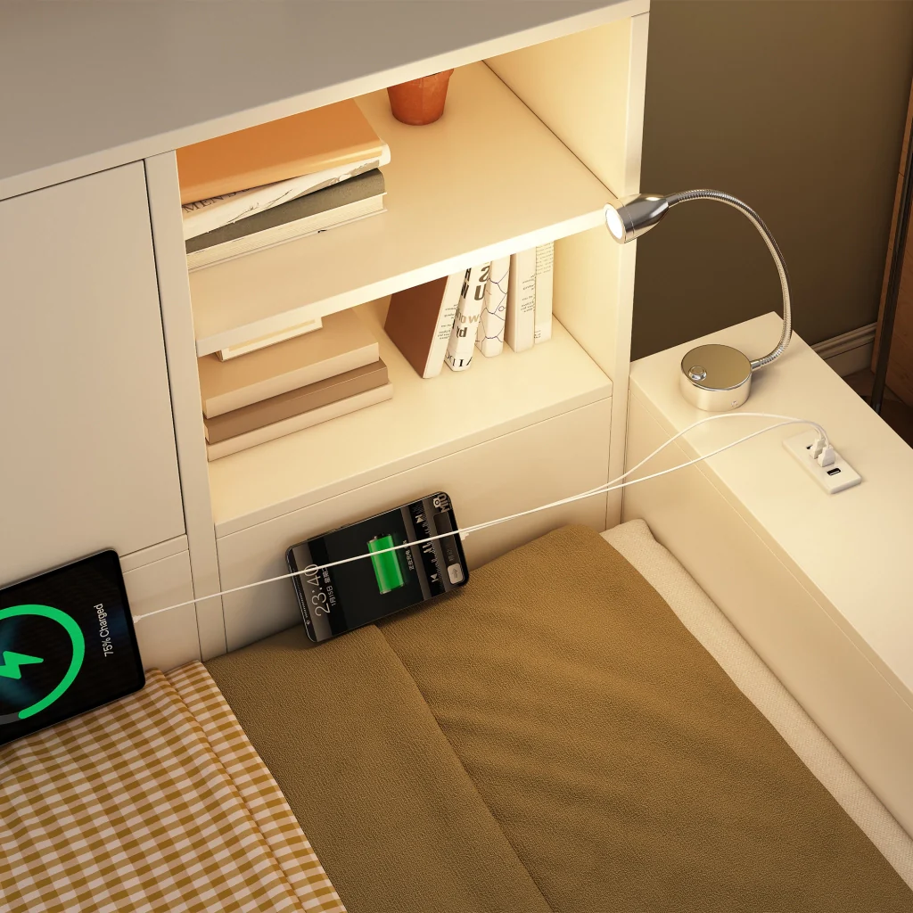 Letto riportabile 90x200 cm bianco con letto retrattile porte doppie e USB/USB-C letto in legno riservato sia per matrimoniali che per giovani (senza materasso) - Image 2