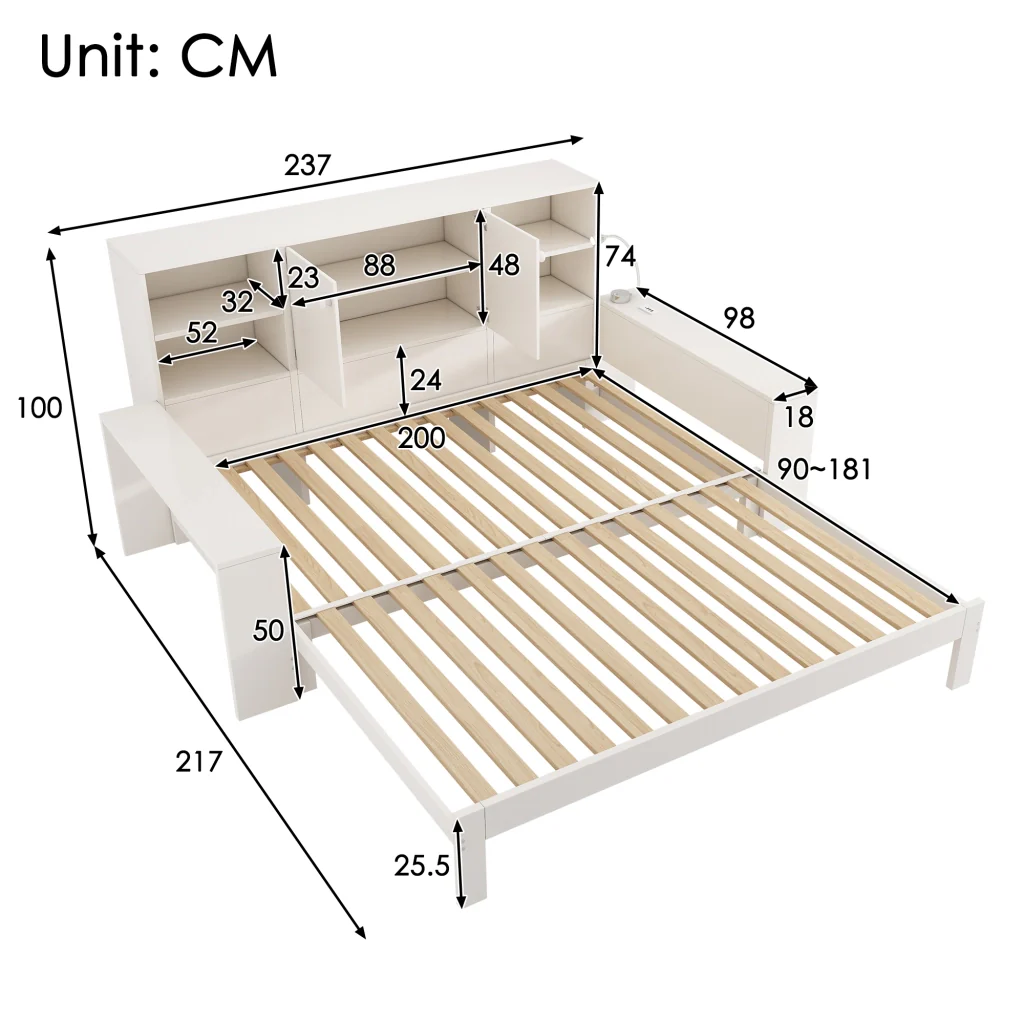Letto riportabile 90x200 cm bianco con letto retrattile porte doppie e USB/USB-C letto in legno riservato sia per matrimoniali che per giovani (senza materasso) - Image 3