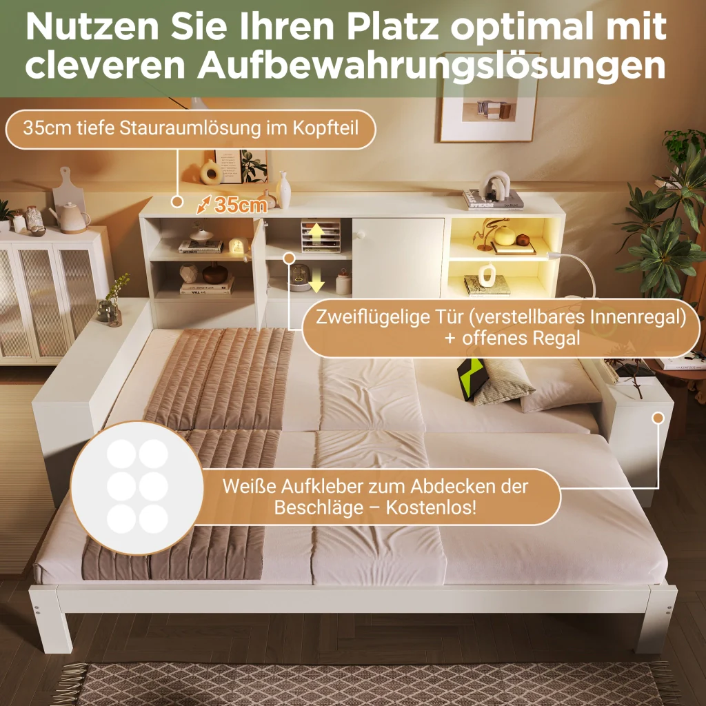Letto riportabile 90x200 cm bianco con letto retrattile porte doppie e USB/USB-C letto in legno riservato sia per matrimoniali che per giovani (senza materasso) - Image 5