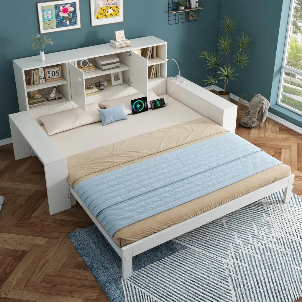 Letto riportabile 90x200 cm bianco con letto retrattile porte doppie e USB/USB-C letto in legno riservato sia per matrimoniali che per giovani (senza materasso) - Image 7