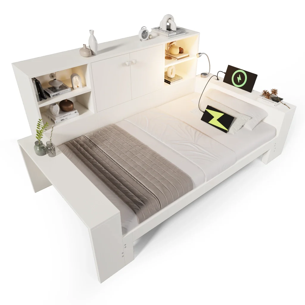 Letto riportabile 90x200 cm bianco con letto retrattile porte doppie e USB/USB-C letto in legno riservato sia per matrimoniali che per giovani (senza materasso) - Image 8