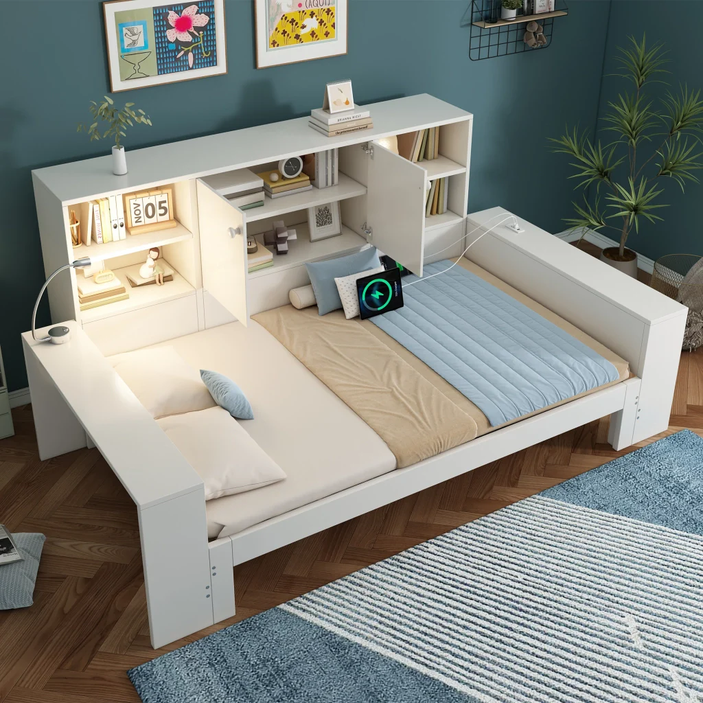 Letto riportabile 90x200 cm bianco con letto retrattile porte doppie e USB/USB-C letto in legno riservato sia per matrimoniali che per giovani (senza materasso) - Image 9