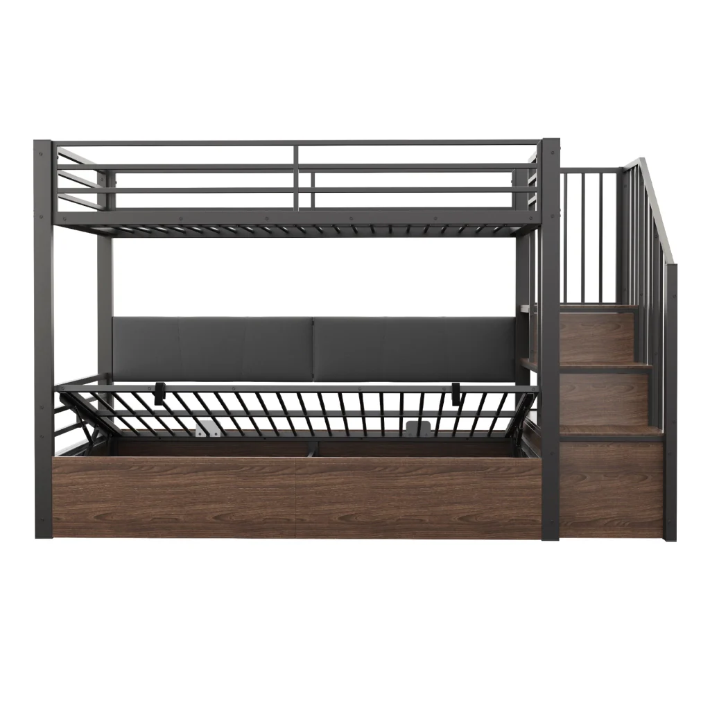 Letto soppalcato in ferro nero 90x200 cm schienale imbottito in PU funzione idraulica scala alta e corrimano letto per giovani - Image 10