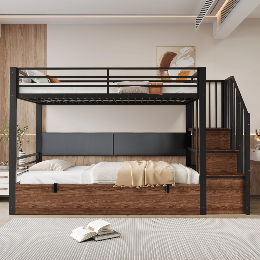 Letto soppalcato in ferro nero 90x200 cm schienale imbottito in PU funzione idraulica scala alta e corrimano letto per giovani - Image 3
