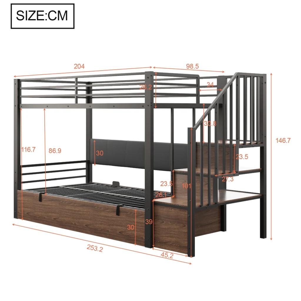 Letto soppalcato in ferro nero 90x200 cm schienale imbottito in PU funzione idraulica scala alta e corrimano letto per giovani - Image 7