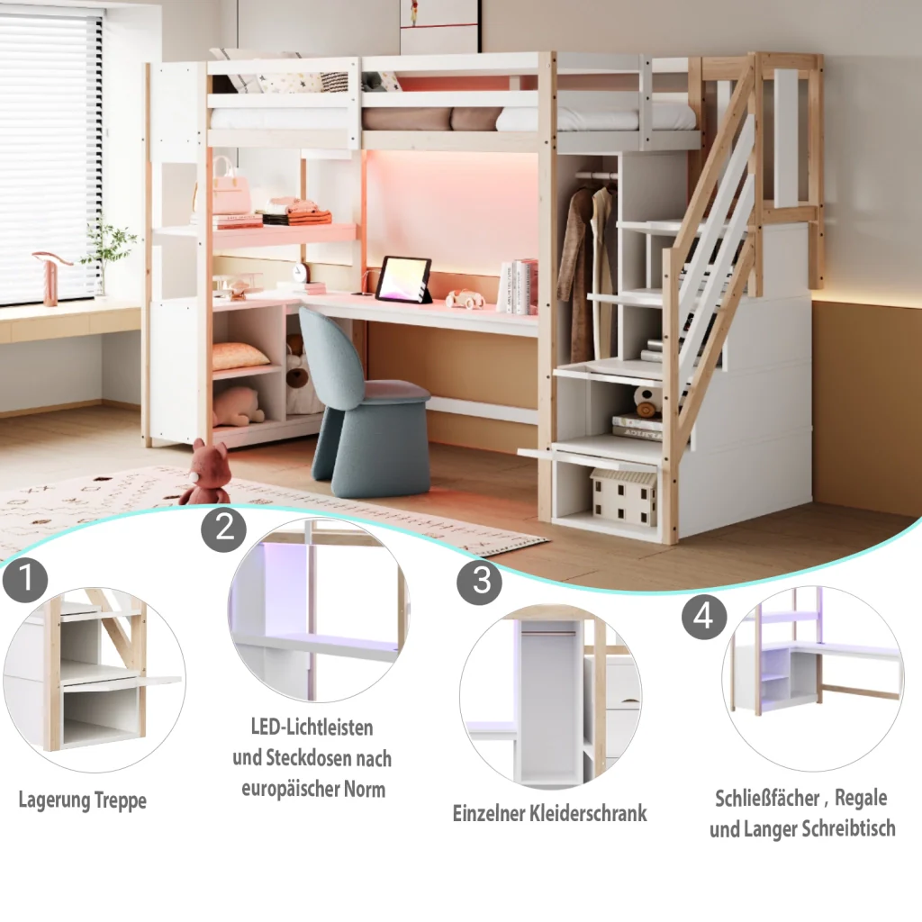 Letto soppalcato in legno 90×200 cm color legno armadio scrivania deposito scala con cassetti prese e LED - Image 7