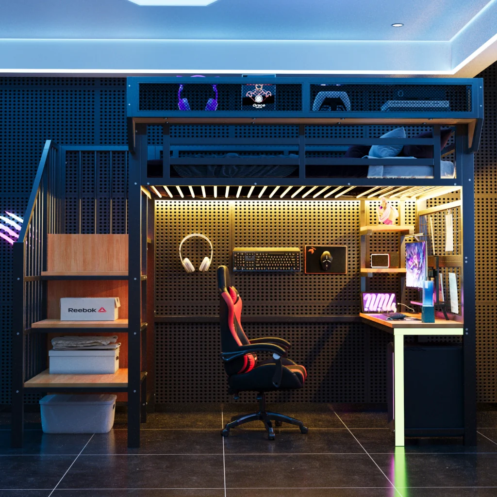 Letto soppalcato in metallo 90 × 200 cm nero scrivania scaffale deposito LED presa e corrimano rialzato - Image 2