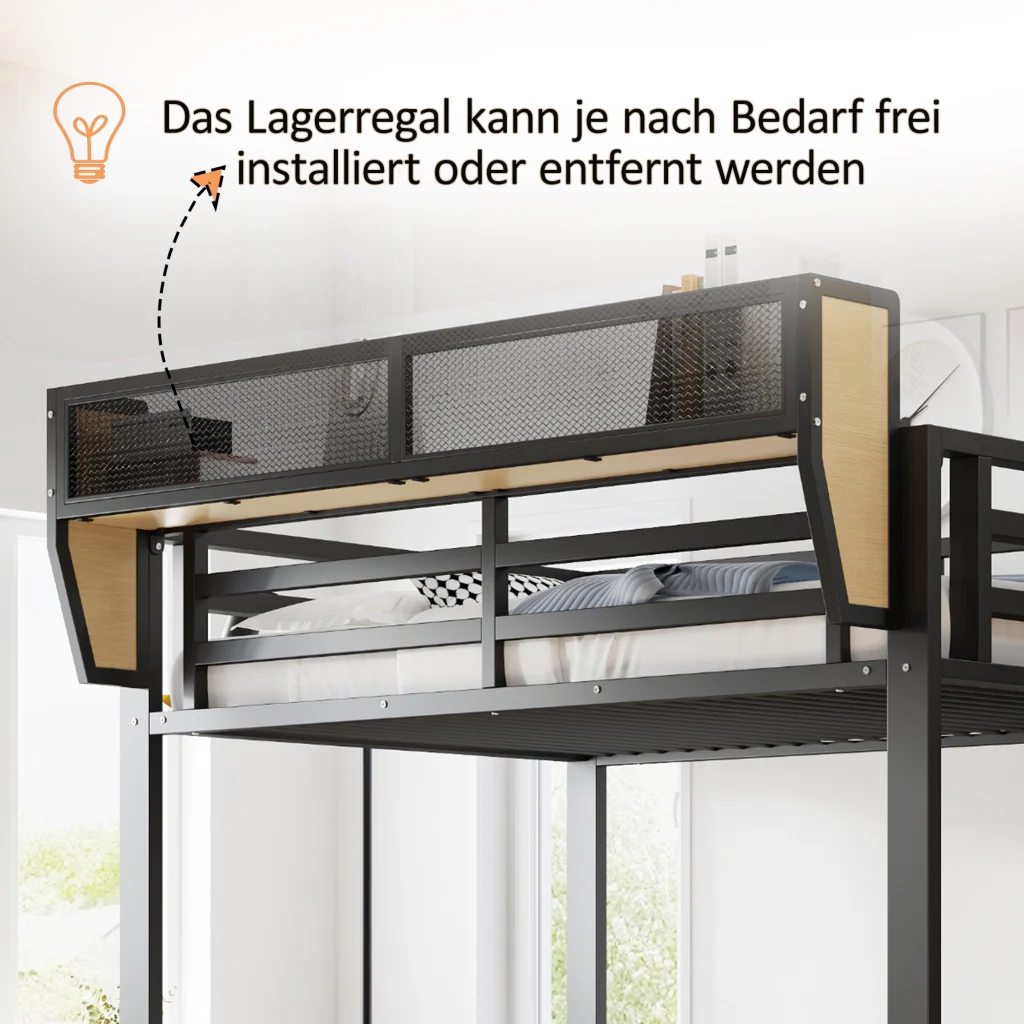 Letto soppalcato in metallo 90 × 200 cm nero scrivania scaffale deposito LED presa e corrimano rialzato - Image 4