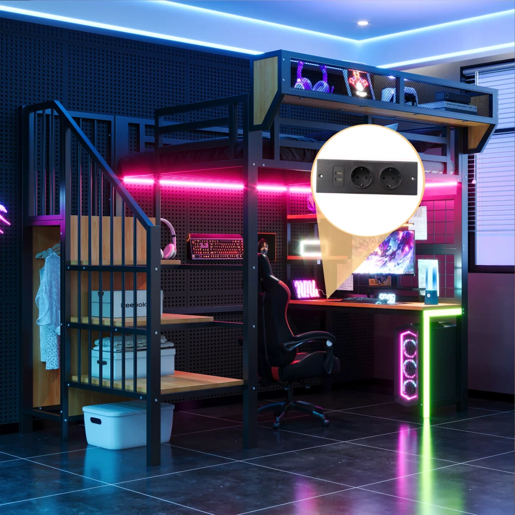 Letto soppalcato in metallo 90 × 200 cm nero scrivania scaffale deposito LED presa e corrimano rialzato - Image 6