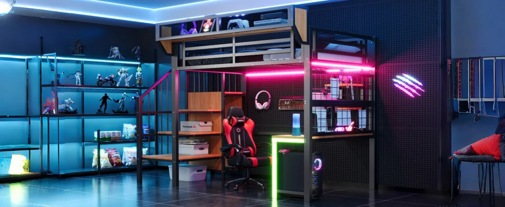 Letto soppalcato in metallo 90 × 200 cm nero scrivania scaffale deposito LED presa e corrimano rialzato - Image 9