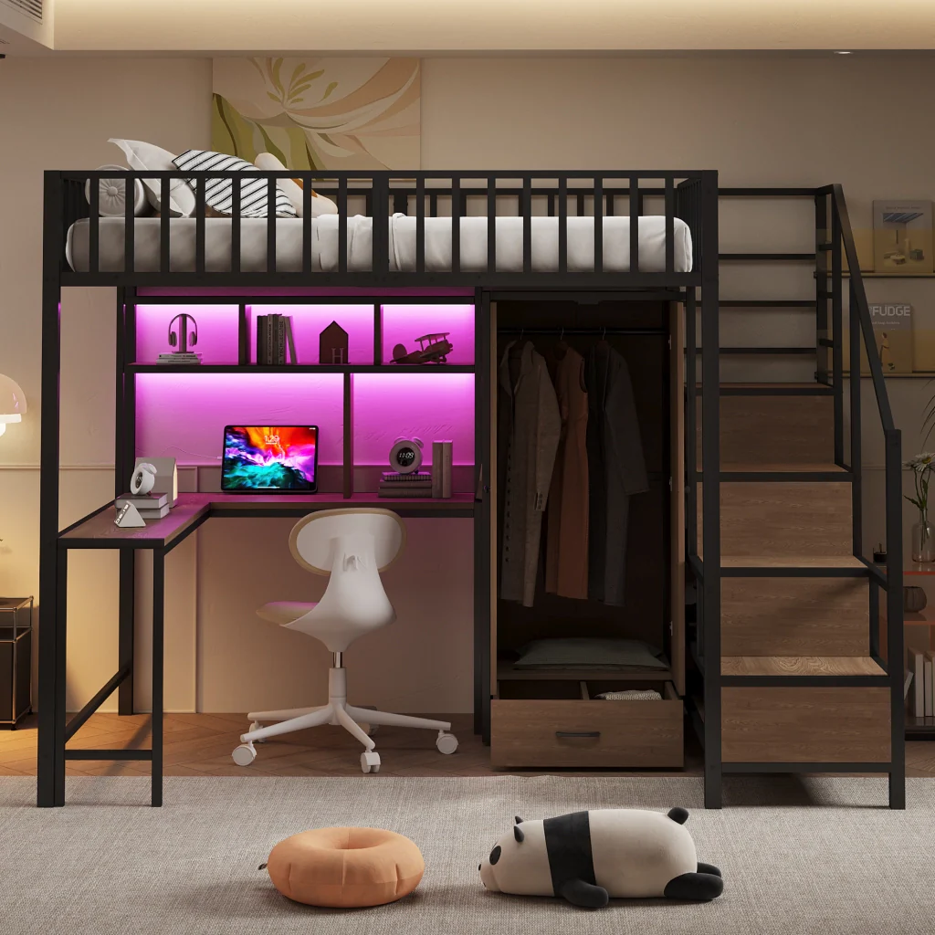 Letto soppalcato in metallo nero 140 x 200 cm scrivania mensole armadio cassetti LED presa e corrimano di sicurezza - Image 2