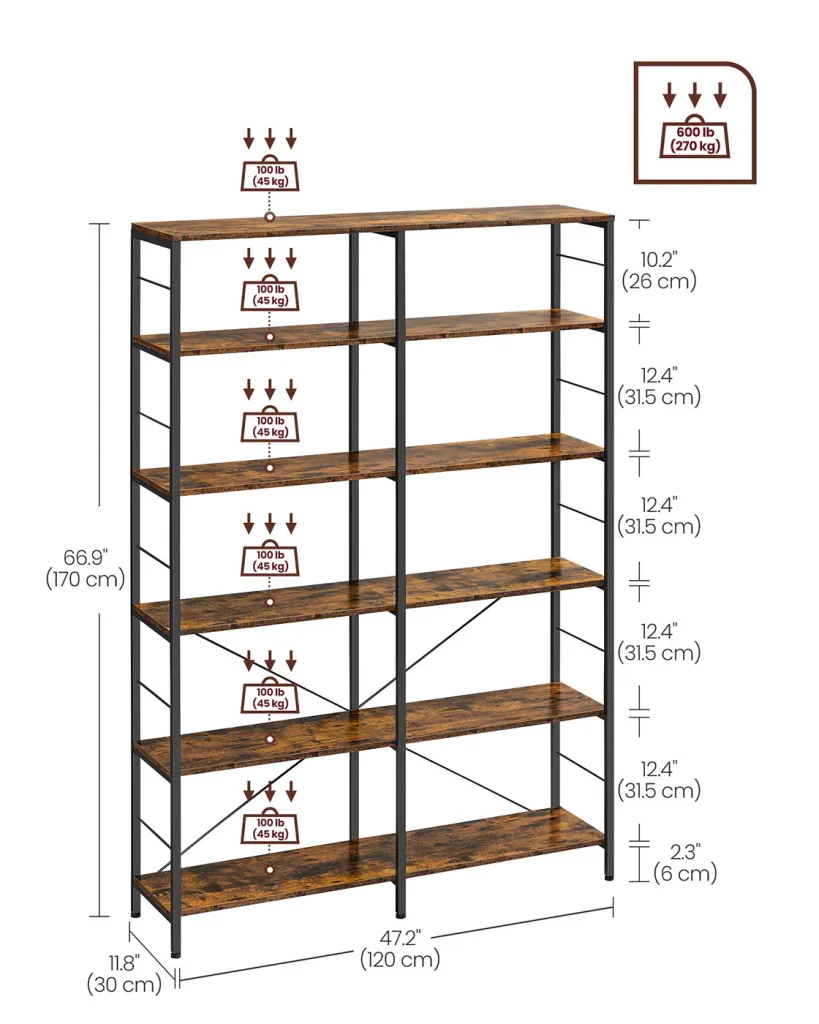 Libreria a 6 ripiani 30 x 120 x 1725 cm stile industriale per soggiorno ufficio balcone cucina marrone 12_0004184 - Image 4