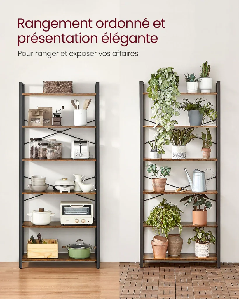 Libreria a 6 ripiani con struttura in acciaio per soggiorno ufficio ingresso stile industriale 80 x 30 x 186 cm marrone 12_0005452 - Image 7