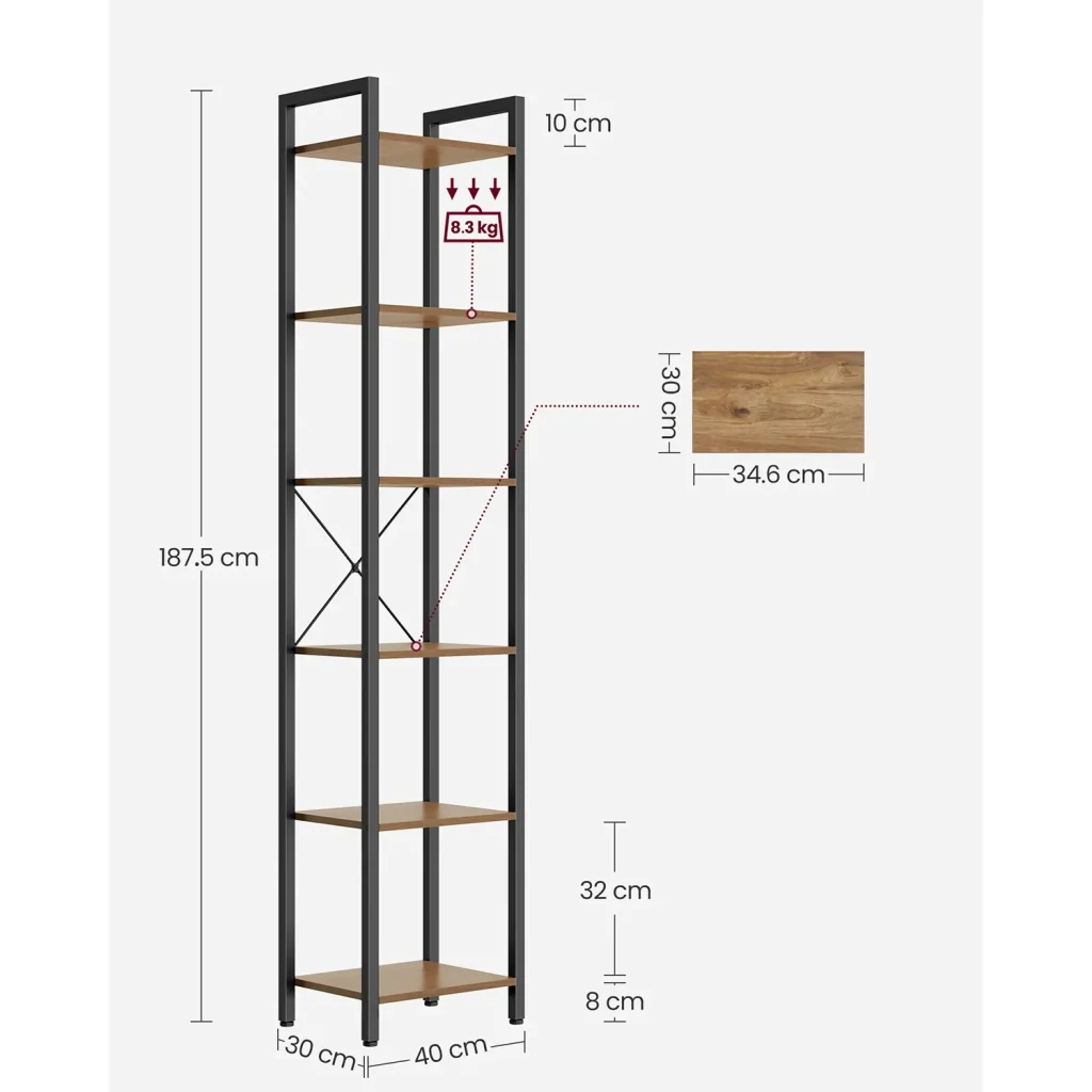 Libreria a 6 ripiani mobile contenitore aperto per ufficio soggiorno camera da letto 40 x 30 x 1786 cm marrone rustico e nero 12_0004188 - Image 4