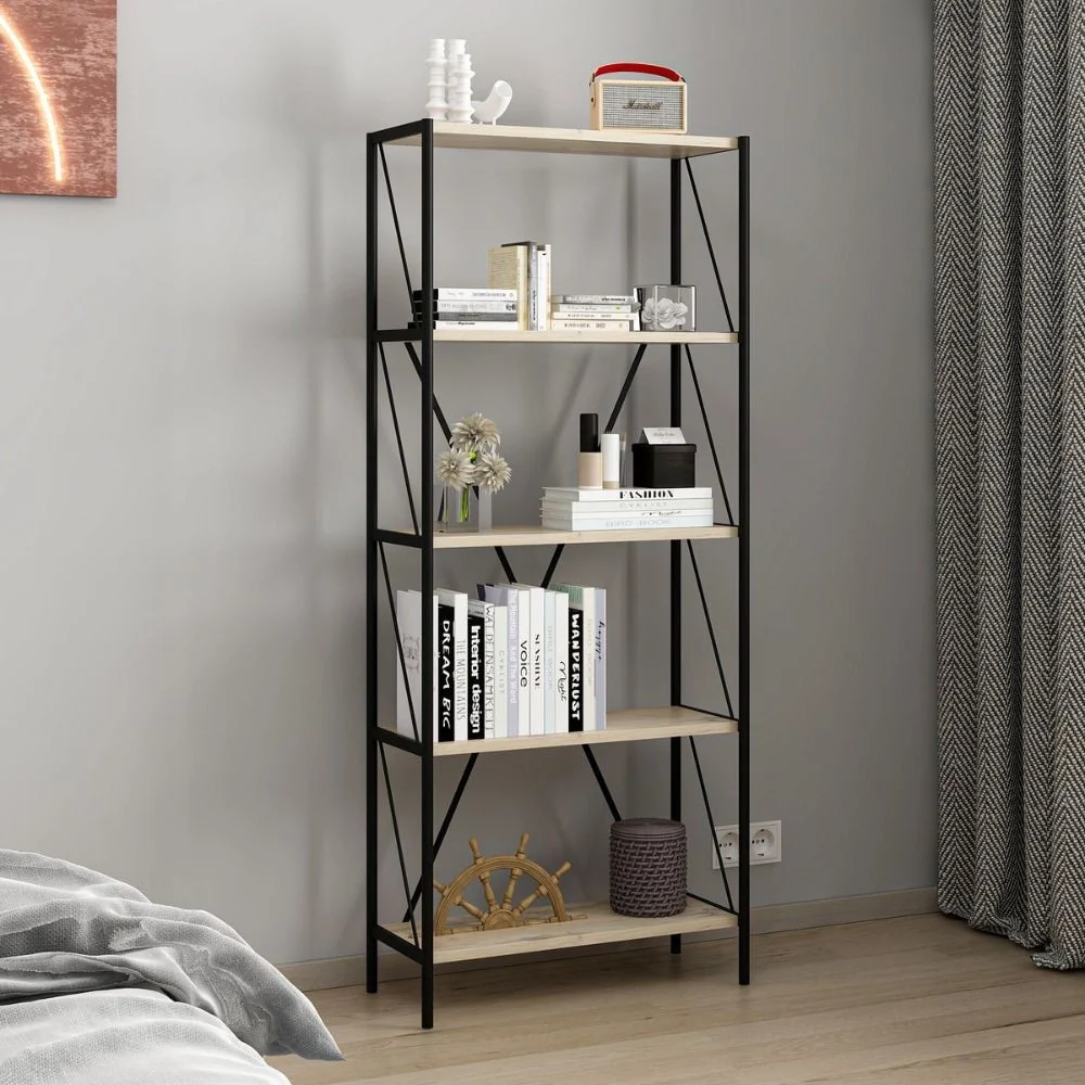 Libreria Axel con struttura in metallo nero e 5 mensole in rovere sonoma - Image 3