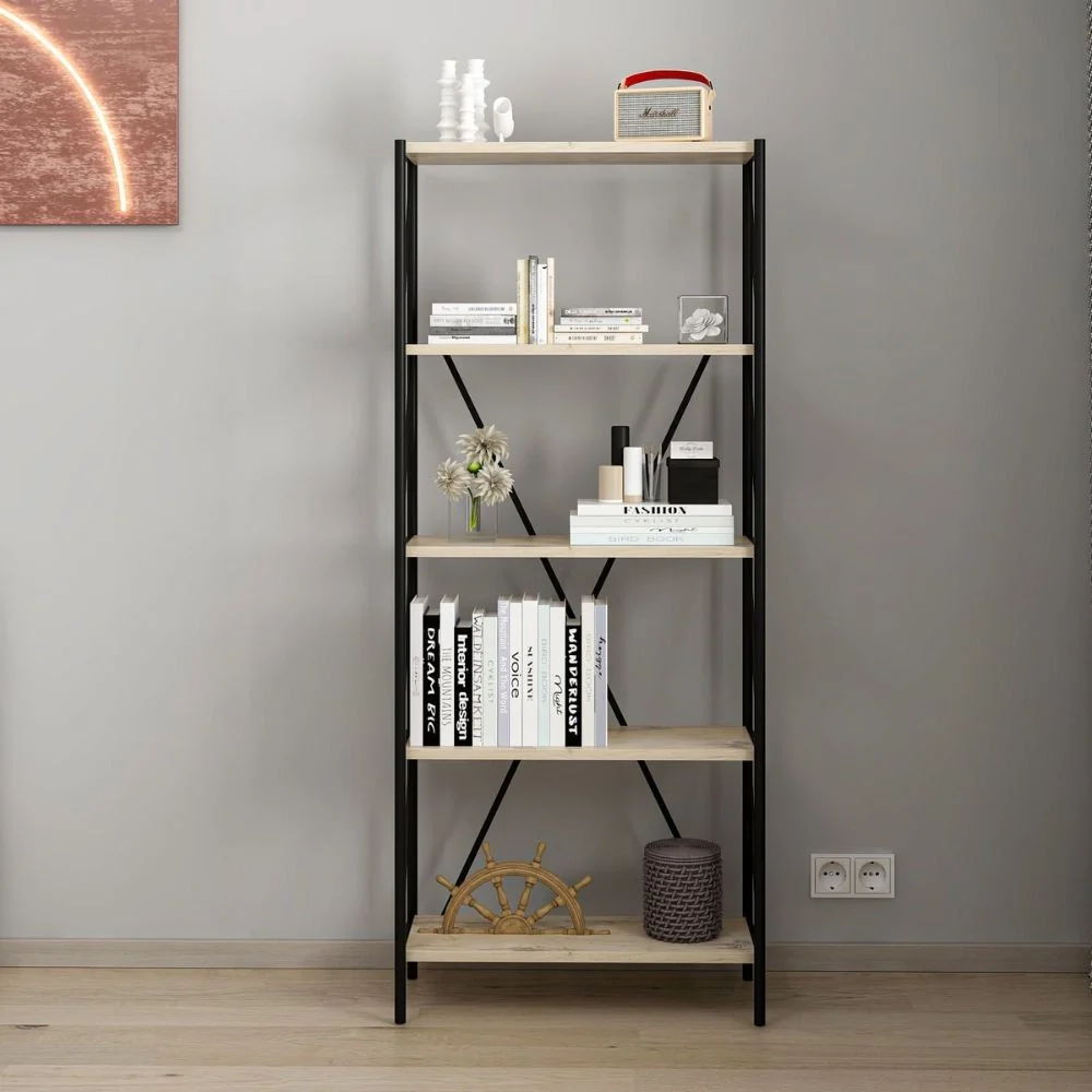 Libreria Axel con struttura in metallo nero e 5 mensole in rovere sonoma - Image 4