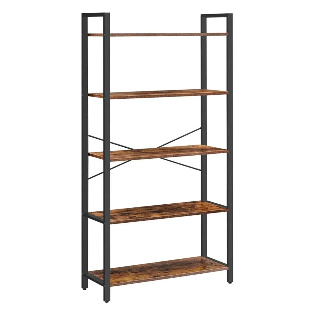 Libreria a 5 ripiani con struttura in acciaio per soggiorno ufficio corridoio stile industriale 153 cm marrone rustico e nero 12_0001493