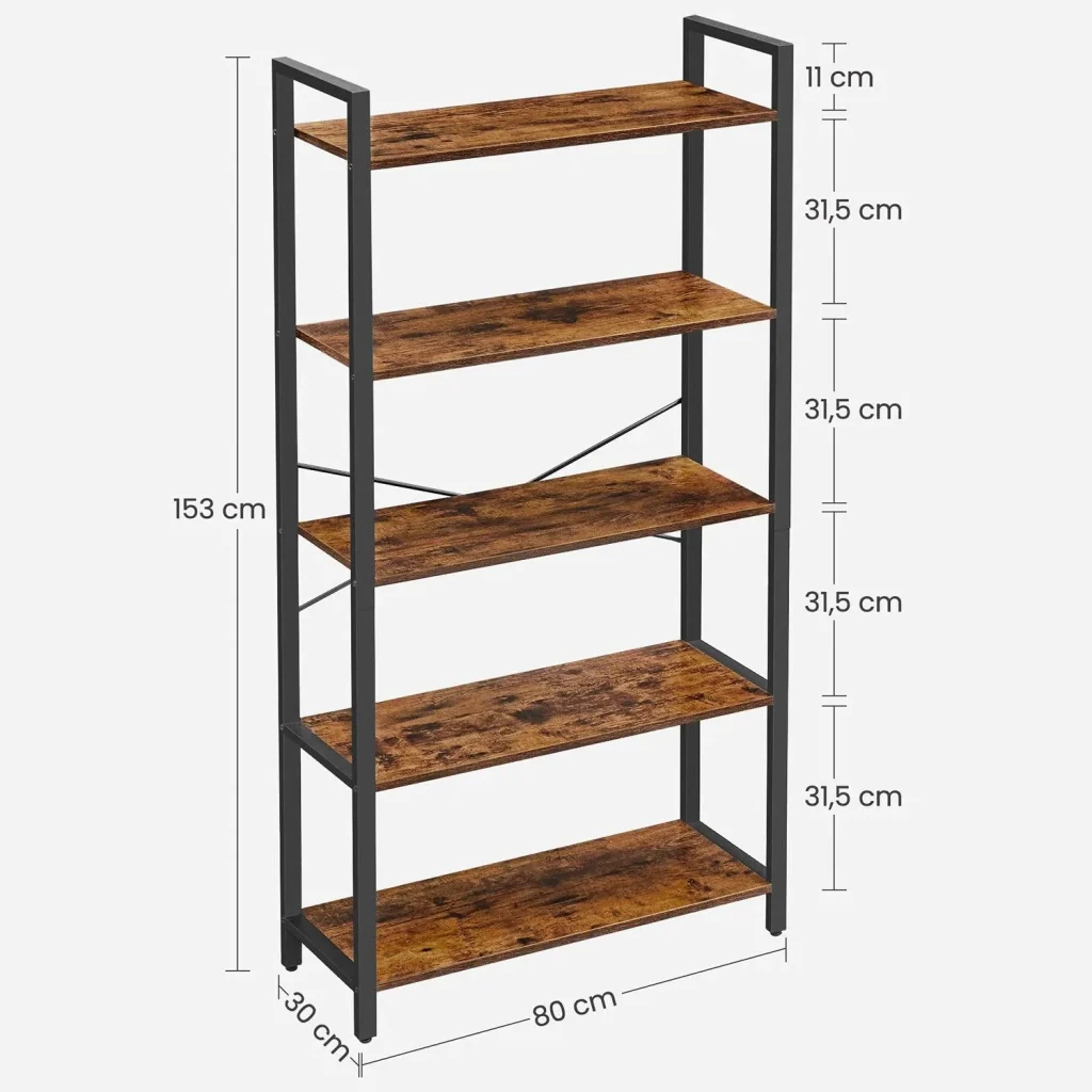 Libreria a 5 ripiani con struttura in acciaio per soggiorno ufficio corridoio stile industriale 153 cm marrone rustico e nero 12_0001493 - Image 2