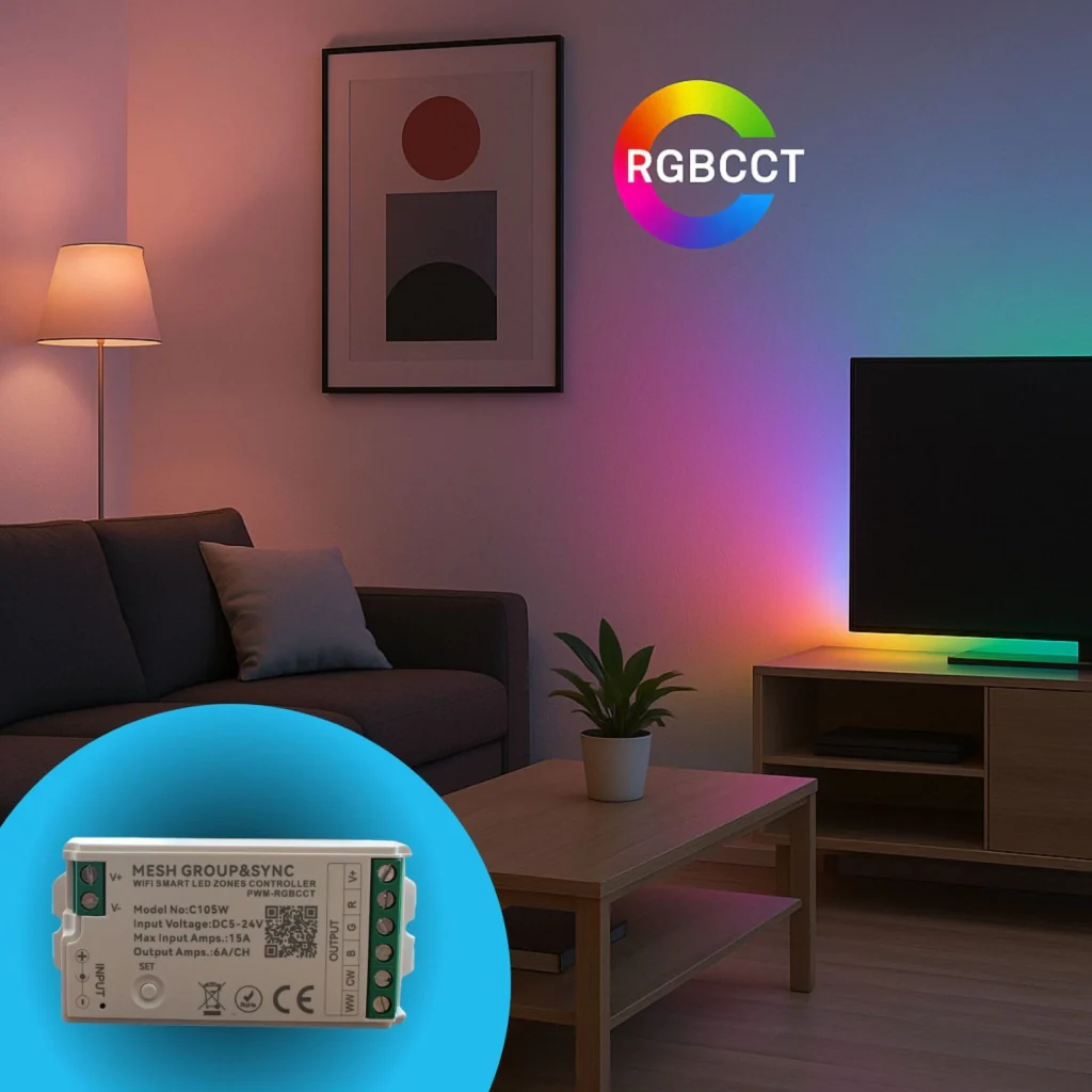 Centralina Controller Per Striscia Led RGBCCT WIFI 2.4G, RF 2.4G TUYA, Smart Life Max 15A Tot. (6A/CH) DC5-24V 360W 5 Canali RGBCCT CLC105R Bianco - Image 3