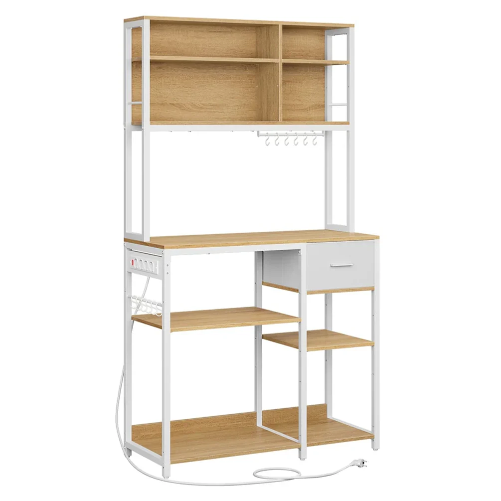 Mensola da cucina con multipresa bar con ripiani regolabili cassetto in tessuto 12 ganci 40 x 100 x 180,4 cm supporto per microonde bianco 12_0005655